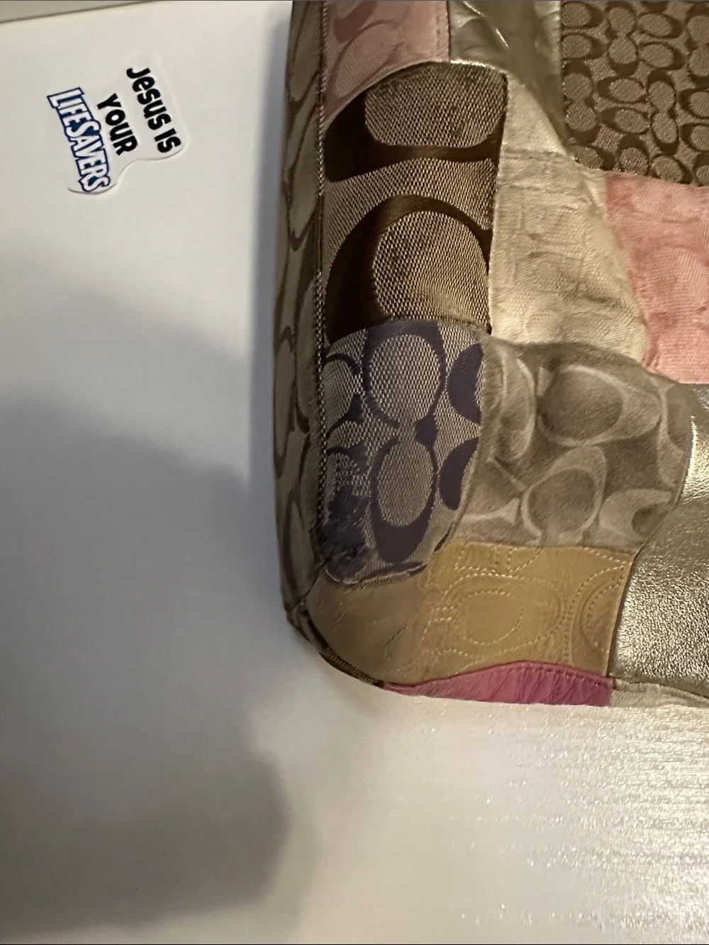 Coach Patchwork Signature Tote in Pink, Brown and Gold Metallic Accents